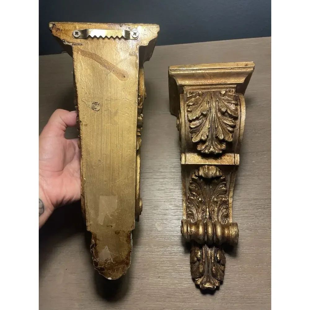 Vintage Pair Gold Gilt Acanthus Leaf Wall Corbels Ornate Shelf Brackets 14”